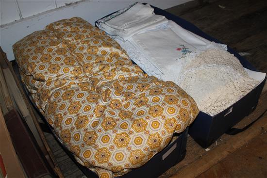 2 boxes of mixed linen & a bed cover
